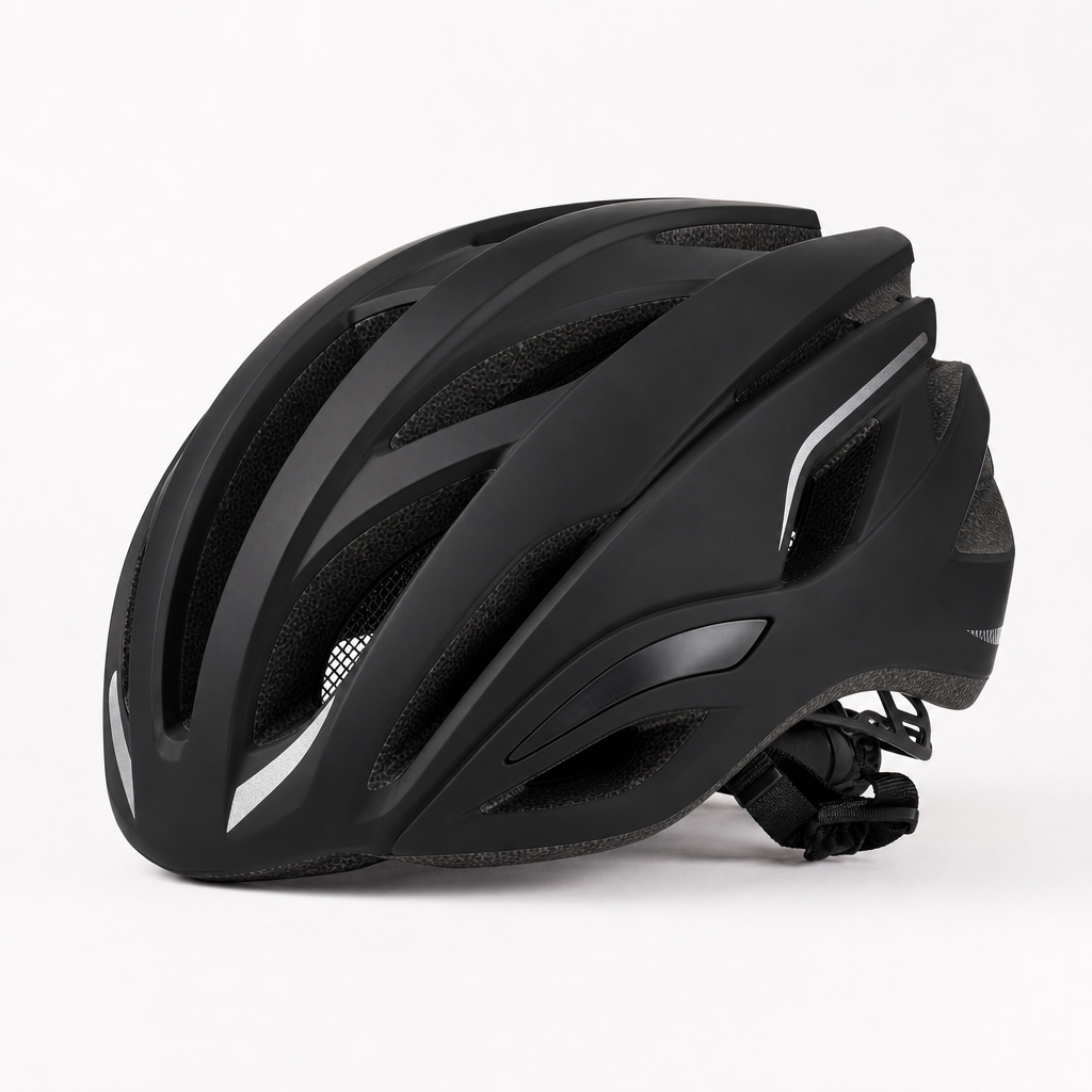 Matte black cycling helmet with integrated vents and reflective accents