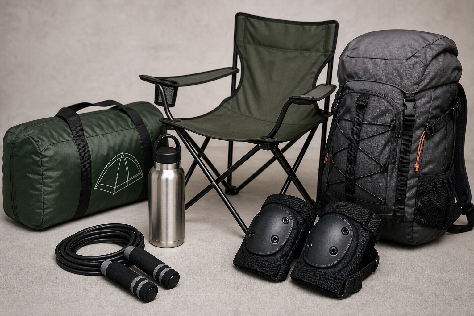 Assortment of real outdoor and sports products for commercial supply
