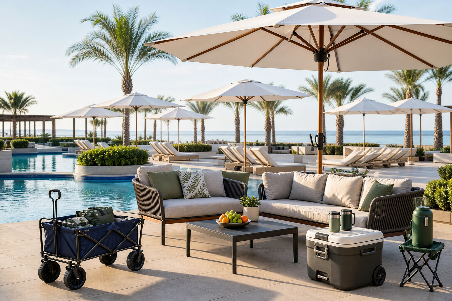Resort patio setup with commercial outdoor furniture and accessories