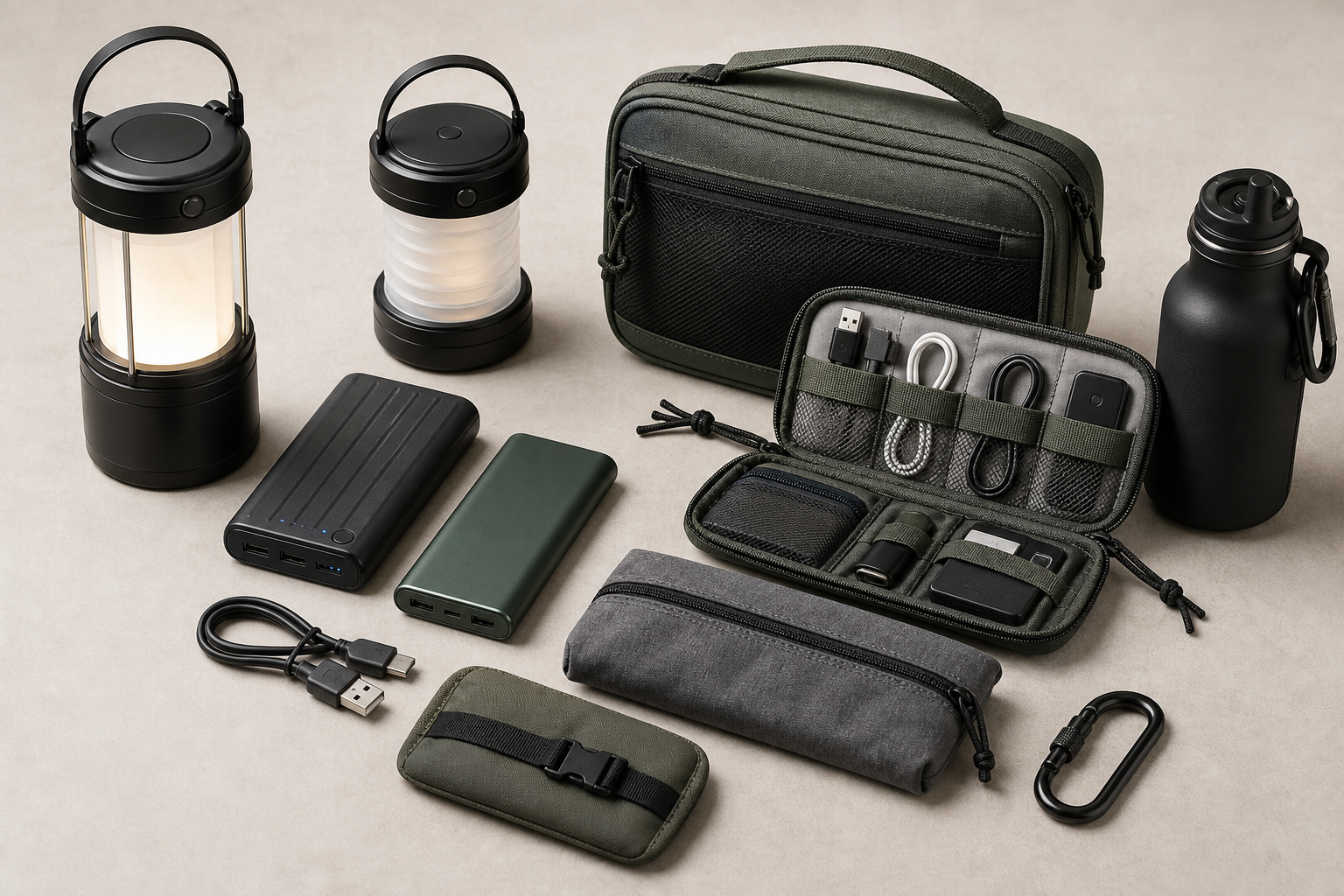 Portable outdoor accessories including compact power banks, travel organizers, and lightweight lanterns laid out on a neutral tabletop