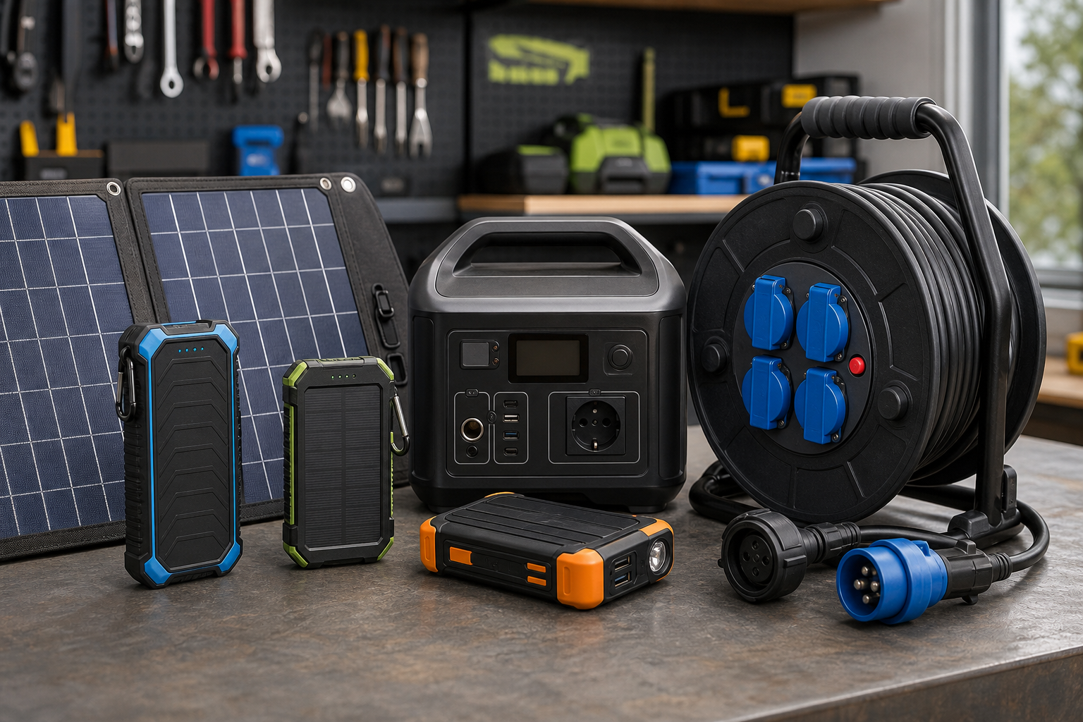 Outdoor power accessories with rugged solar chargers, portable battery packs, and weatherproof extension reels