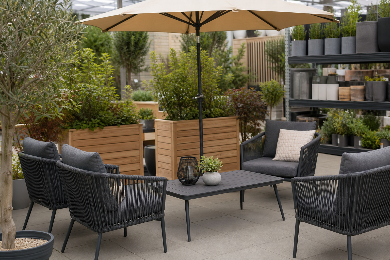 Patio and garden supplies featuring graphite outdoor chairs, wooden planters, and a neutral sun umbrella