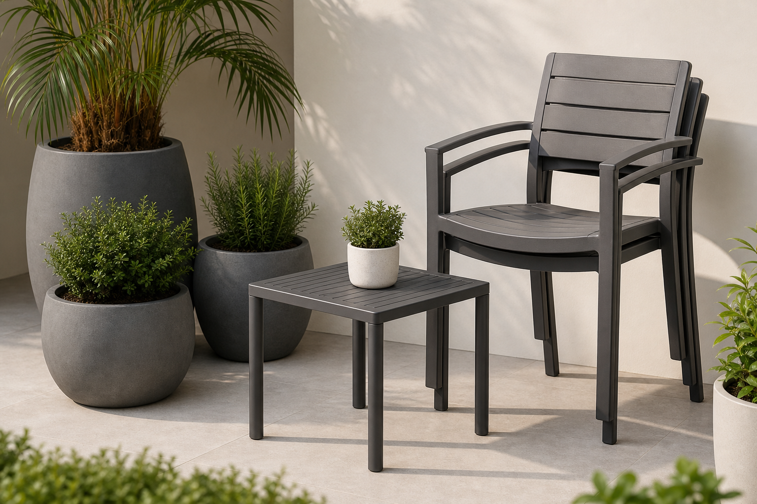 Modern patio and garden supplies featuring stackable outdoor chairs, a compact table, and weather-resistant planters in a bright showroom