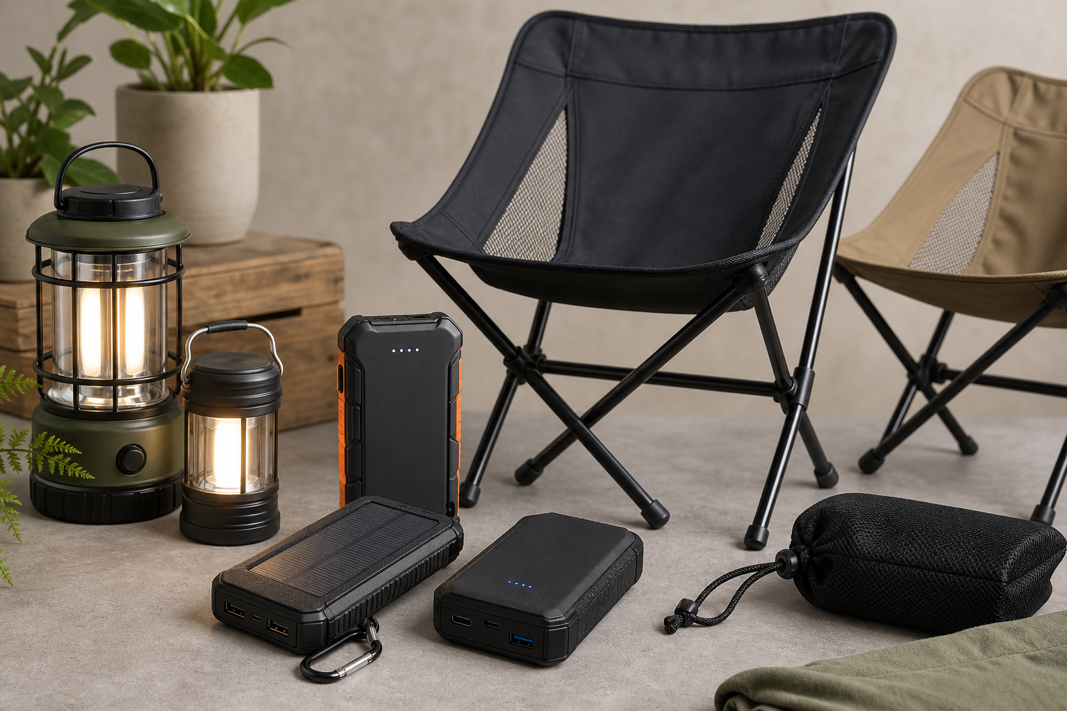 Portable outdoor accessories including compact LED lanterns, power banks, and foldable camp chairs