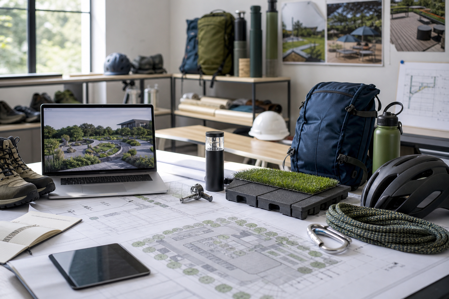 Outdoor project workspace with engineered equipment layouts and product samples