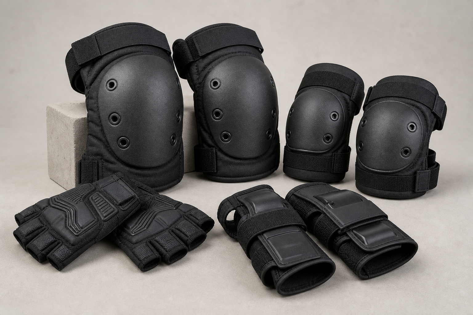 Protective sports gear including elbow pads, knee guards, and padded gloves in graphite tones