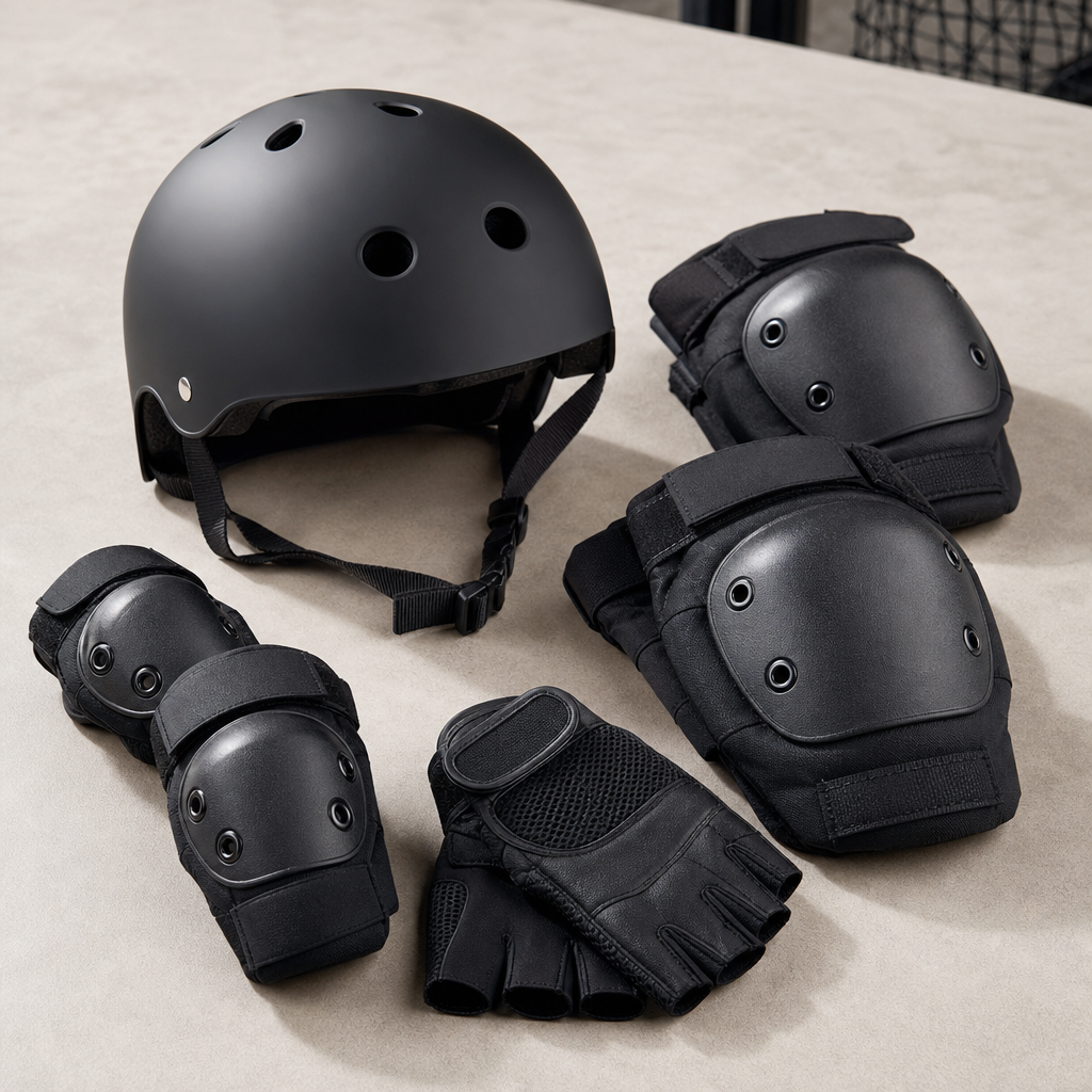 Protective sports accessories including helmets, knee pads, and gloves arranged on a clean tabletop