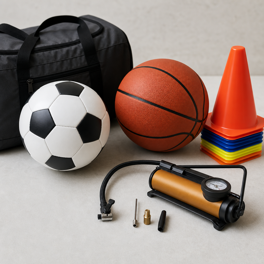 Recreational sports kit with football, basketball, cones, and portable pump on a light surface