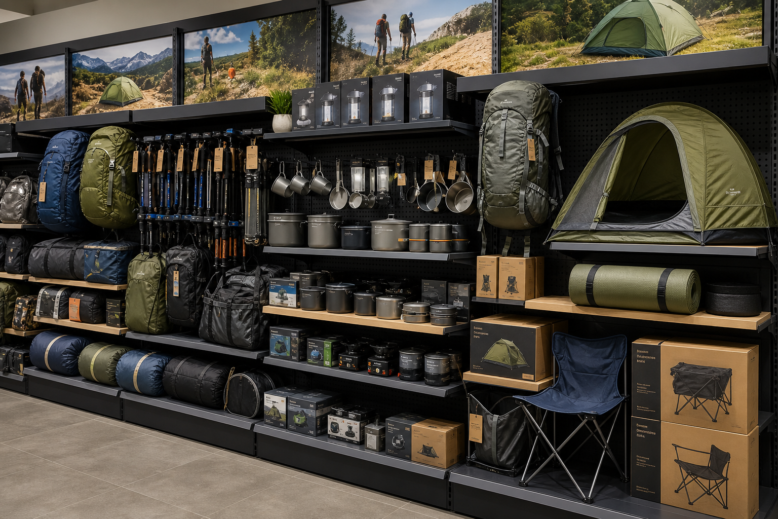 Retail-ready outdoor product assortment on modular store shelving