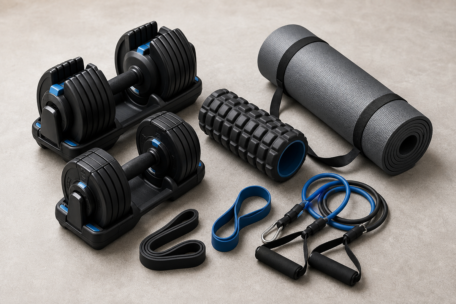 Sports and fitness equipment set including adjustable dumbbells, resistance bands, and a foam roller arranged in a clean commercial studio