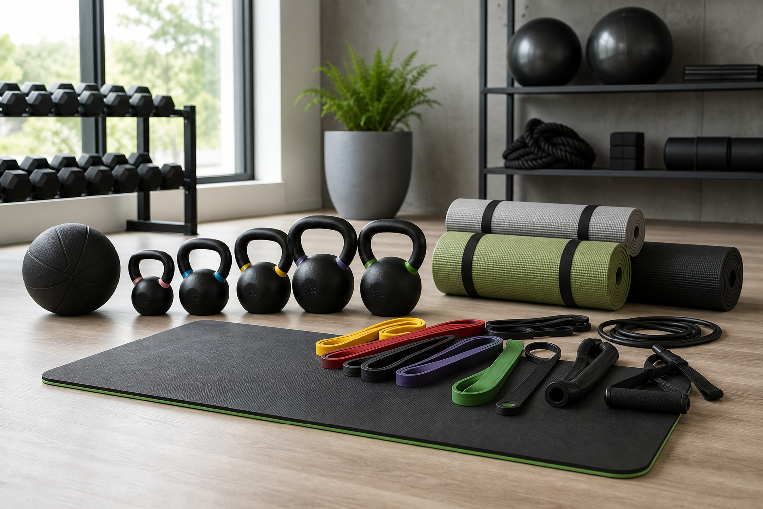 Commercial fitness training setup with resistance bands, kettlebells, and yoga mats arranged on a clean studio floor