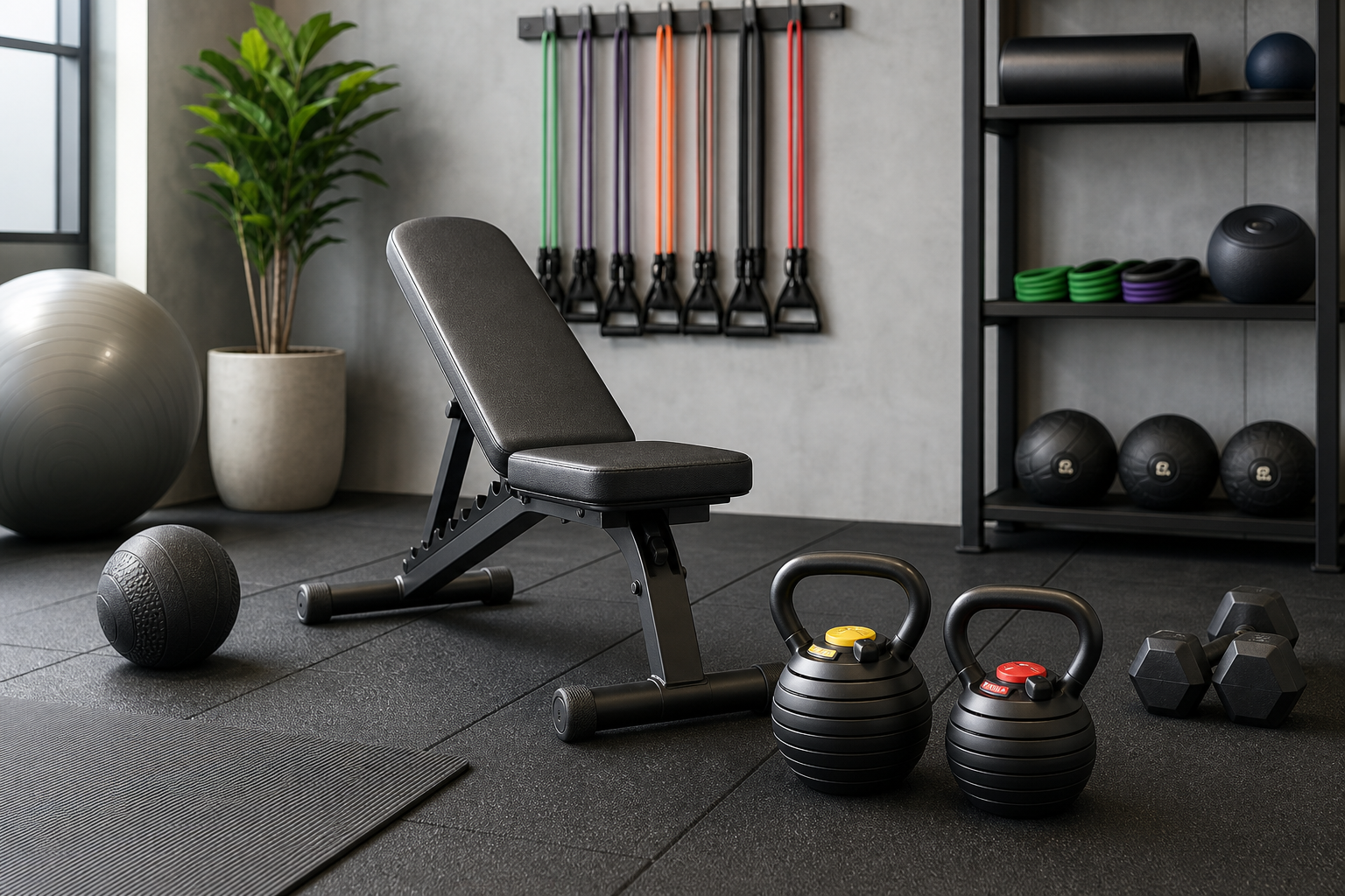 Sports and fitness equipment with adjustable kettlebells, resistance bands, and a compact training bench