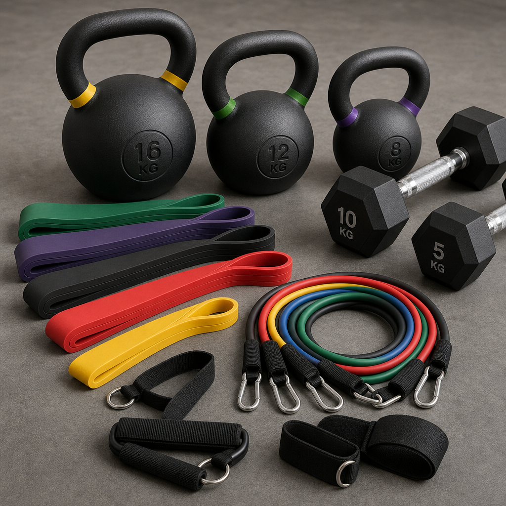 Assorted resistance bands, kettlebells, and hand weights laid out on a neutral gym floor