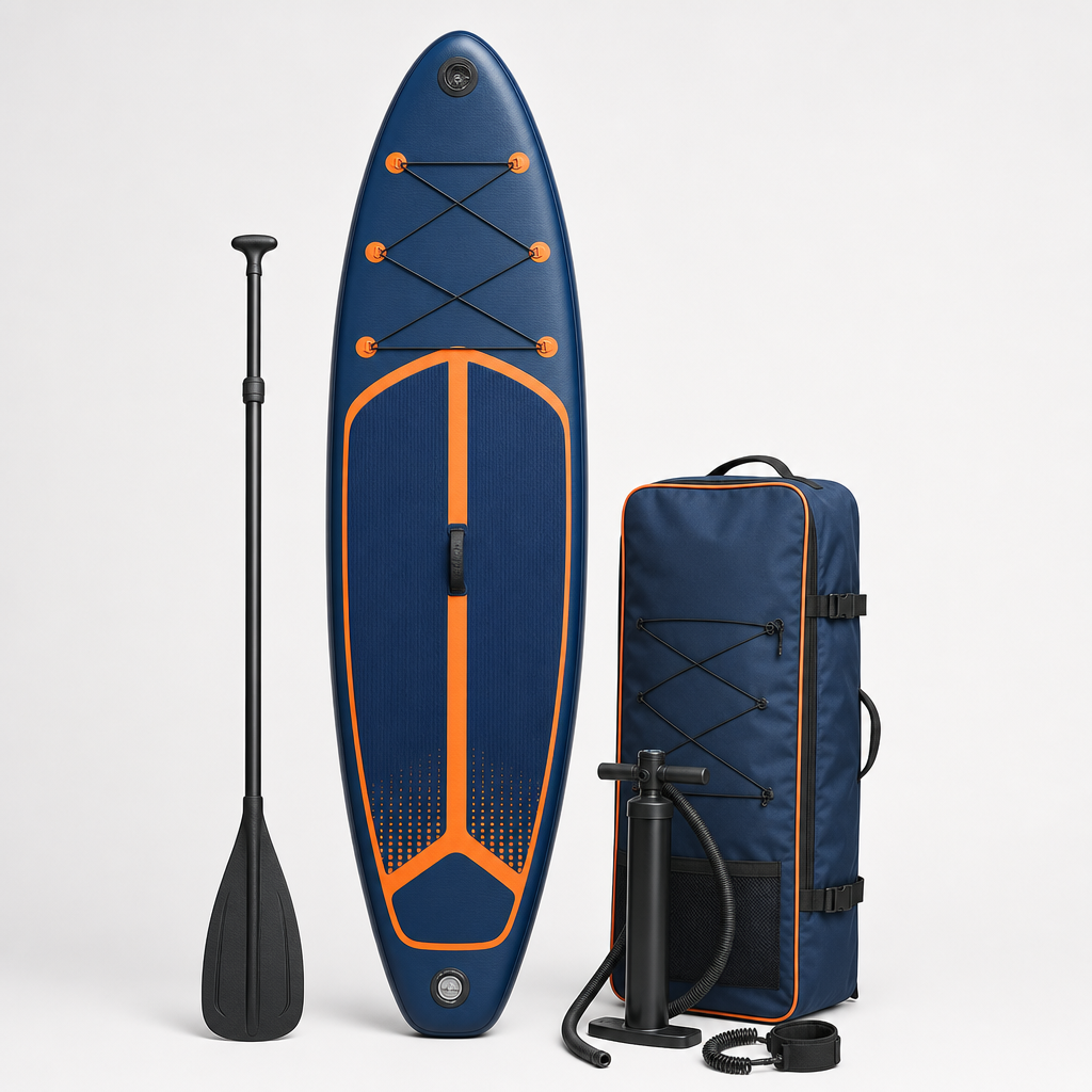 Inflatable stand-up paddle board kit in deep blue with paddle and backpack