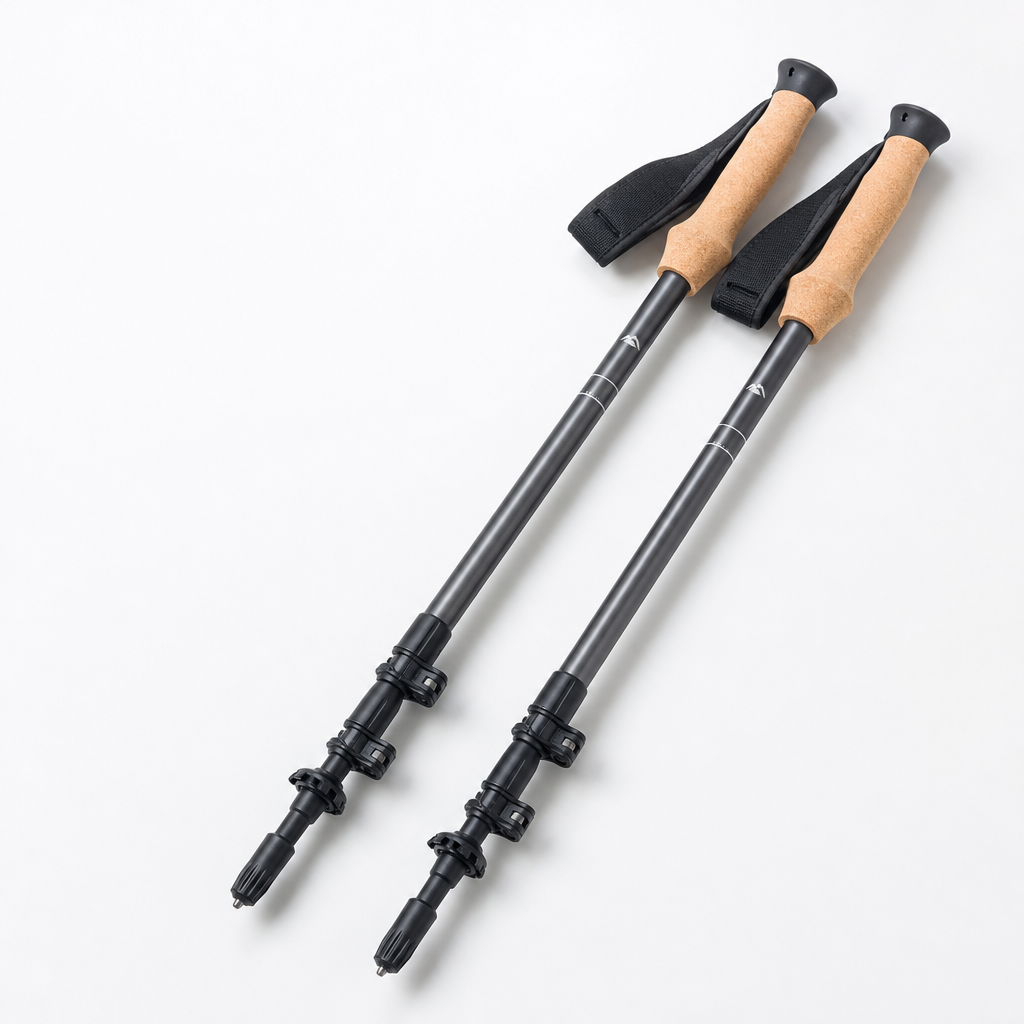 Pair of lightweight aluminum trekking poles with cork handles and adjustable locks