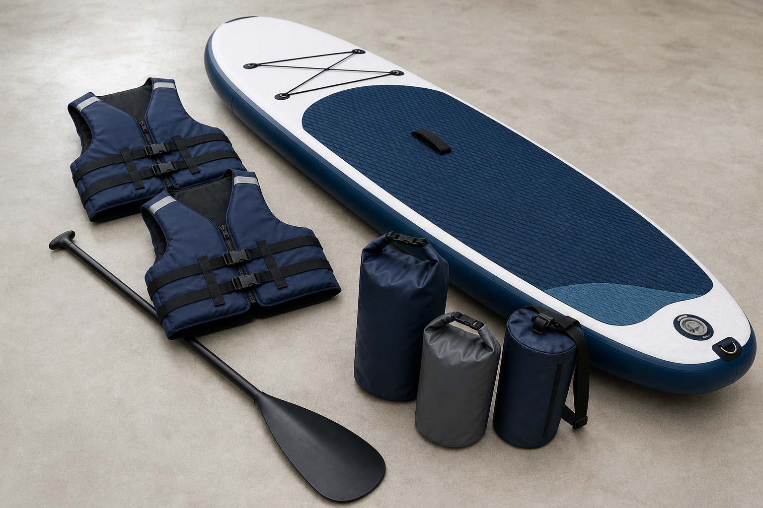 Water sports gear with inflatable paddleboard, navy life vests, and waterproof dry bags