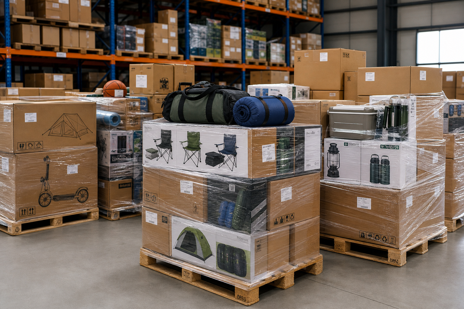 Palletized outdoor gear cartons prepared for wholesale distribution