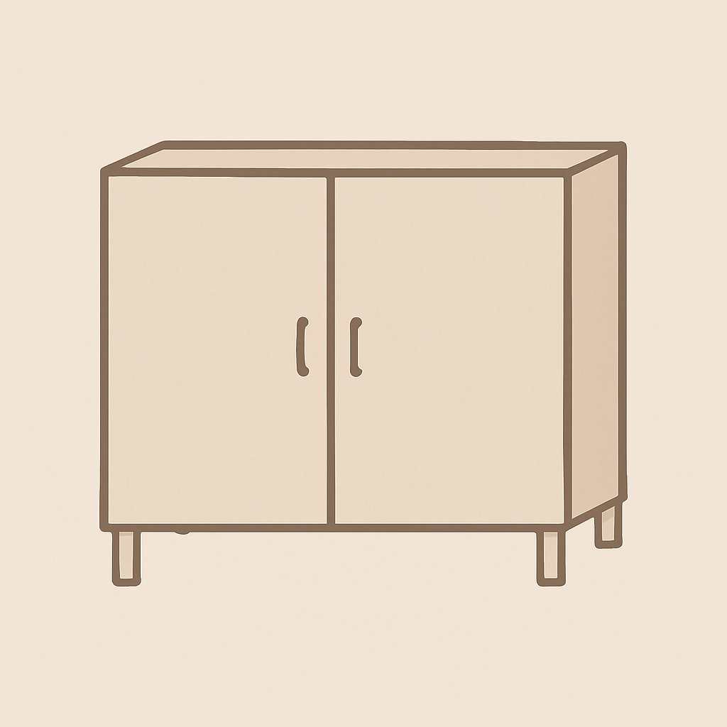Line art illustration of the IKEA BESTA unit with doors, in soft neutral and beige tones