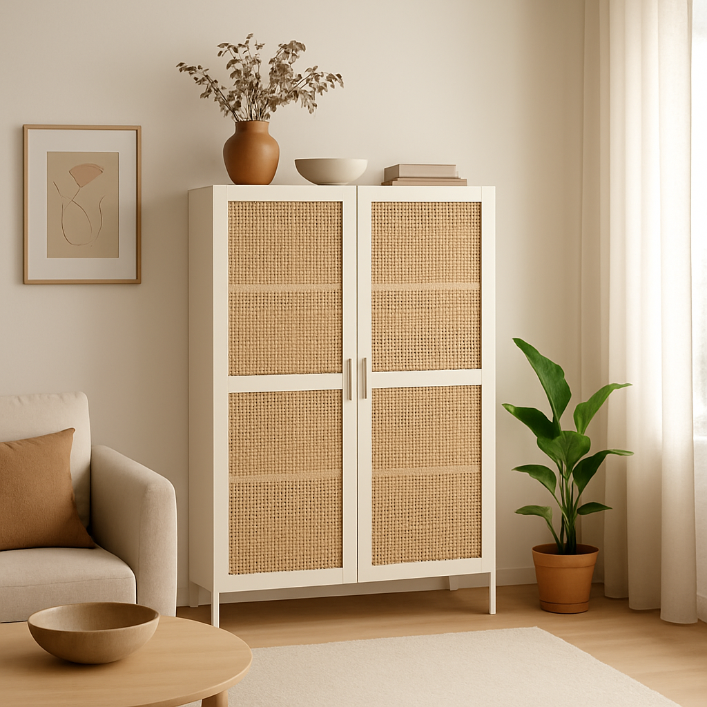 Billy bookcase with DIY cane doors in a bright, modern living room, soft earth tones, calming, editorial photography style, gentle natural lighting, minimalist aesthetic