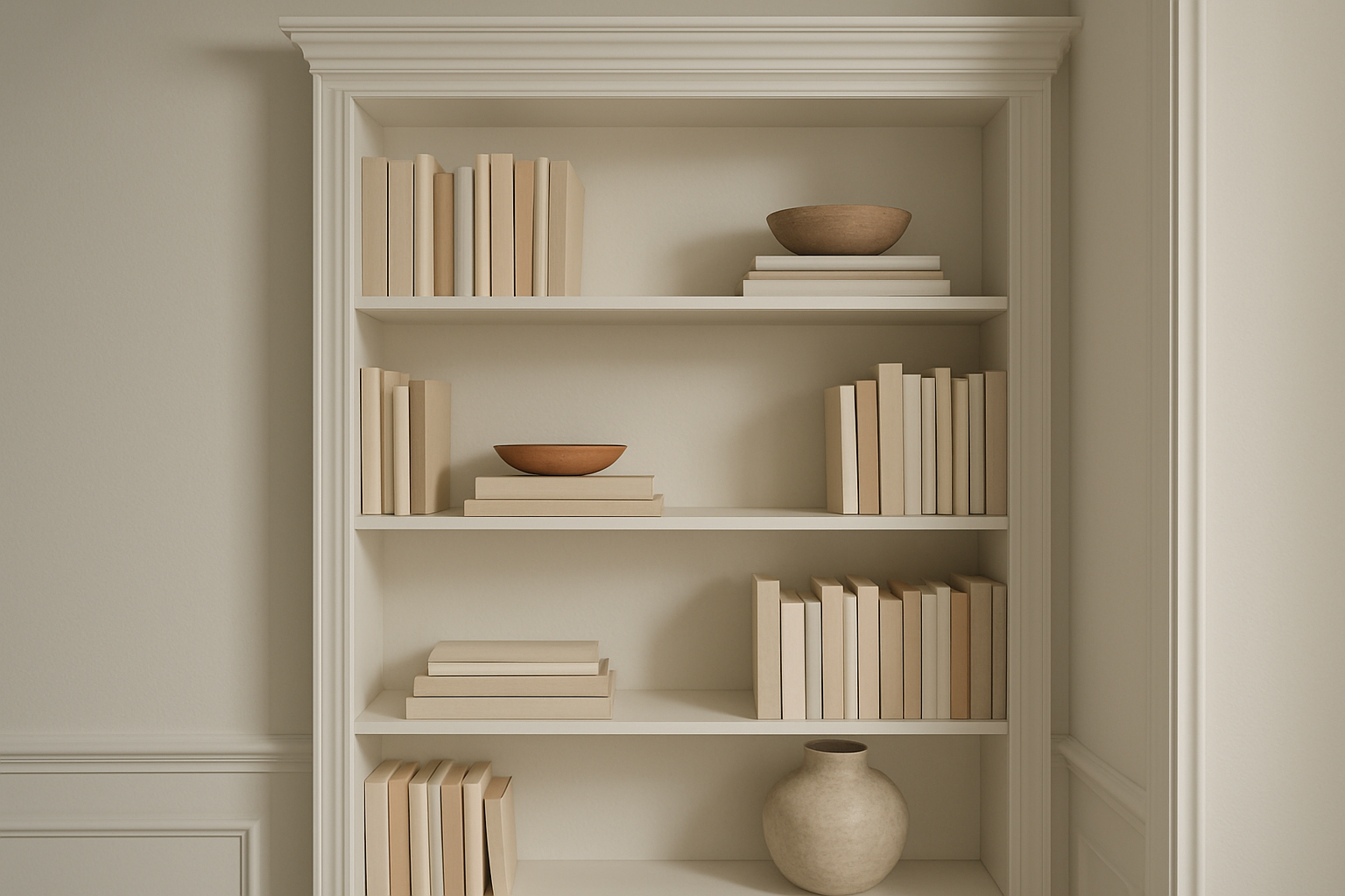 BILLY bookcase built-in hack, painted white with elegant molding, styled books, calm editorial lighting, video-style frame