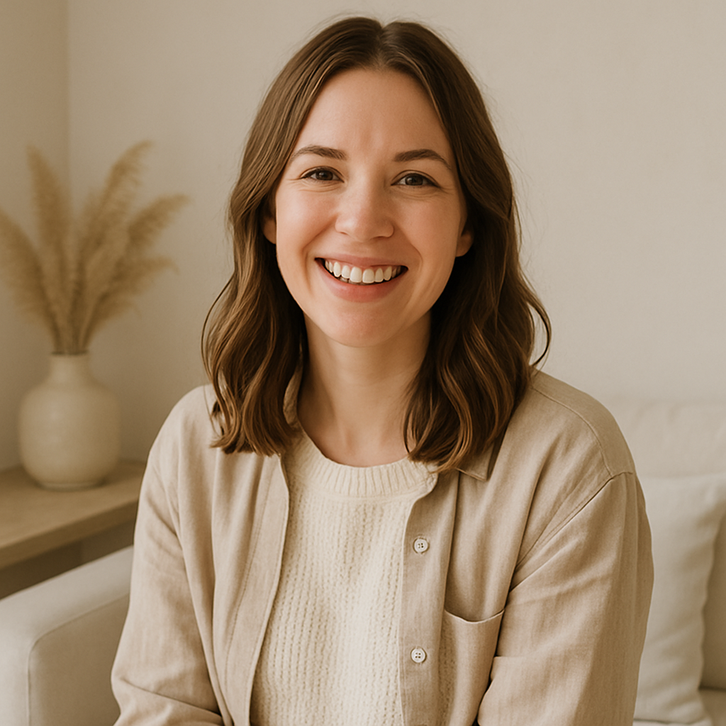 Portrait of smiling woman, home blogger, soft neutral background