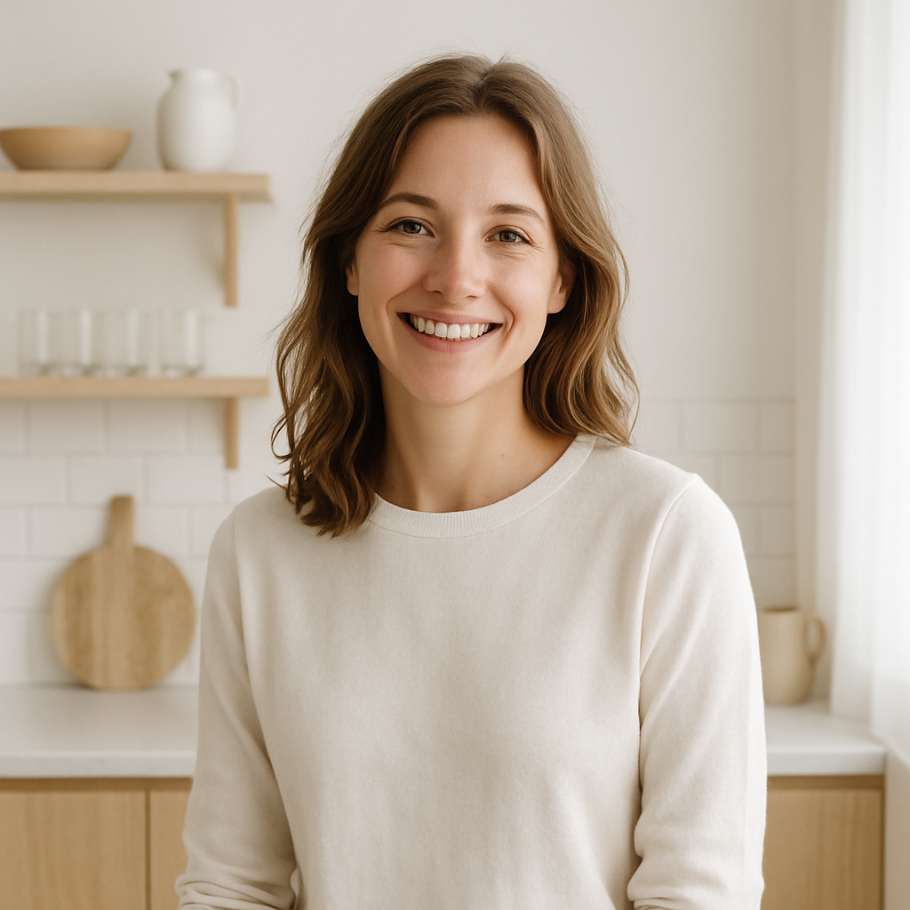 Smiling woman, light kitchen background, Scandinavian style