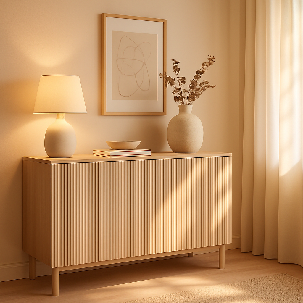 BESTÅ credenza with fluted doors, styled in a modern room, soft beige and wood, elegant and light, editorial style