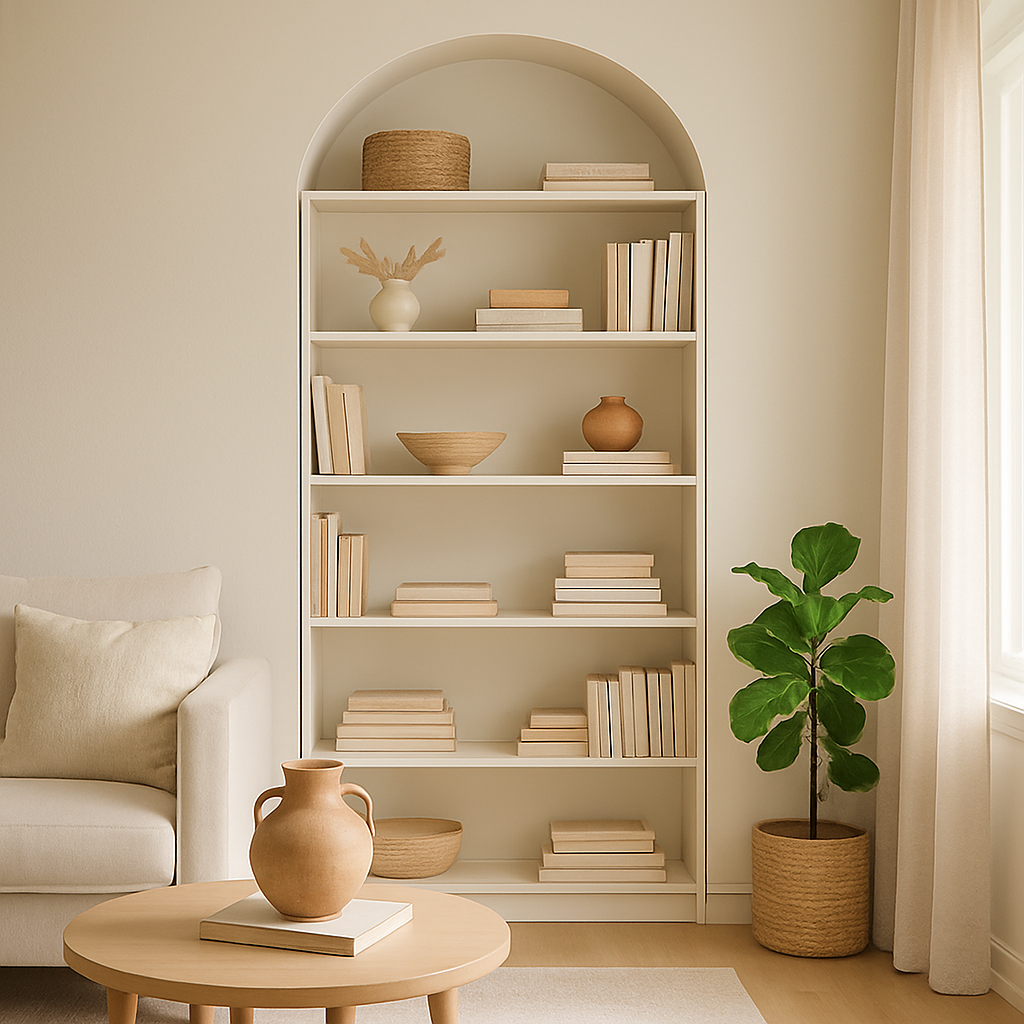 BILLY bookcase arched built-in in a soft, neutral living room, warm earth tones, airy and inviting, magazine-style photography