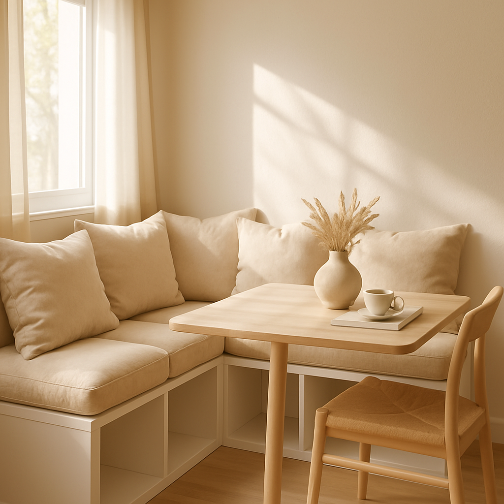 KALLAX banquette seating with plush cushions, dining nook in natural sunlight, calm and cozy, light wood accents