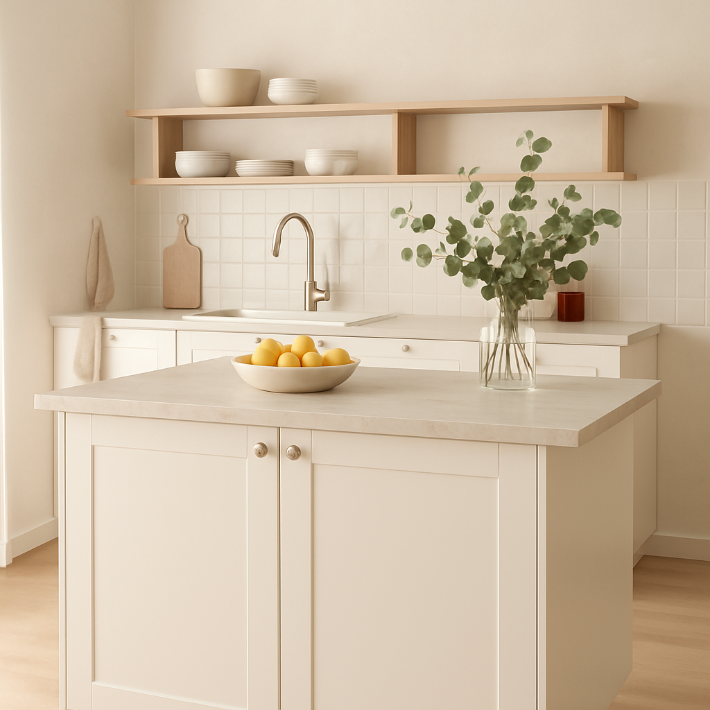SEKTION kitchen island with elegant countertop, styled in soft, neutral kitchen, elevated and clean, bright and airy