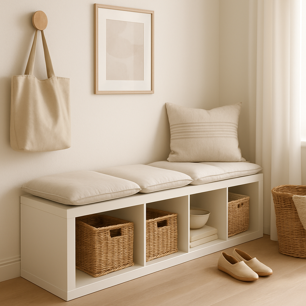 KALLAX shelf unit turned into a stylish bench with cushions, set in a cozy entryway, soft neutral colors, calm and airy, soft daylight, lifestyle magazine style