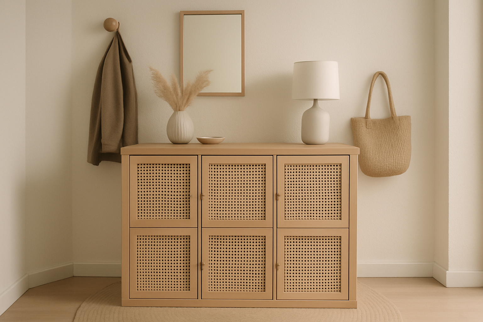 KALLAX IKEA hack with cane doors, styled in a bright, minimalist entryway, soft earth tones, video-style frame