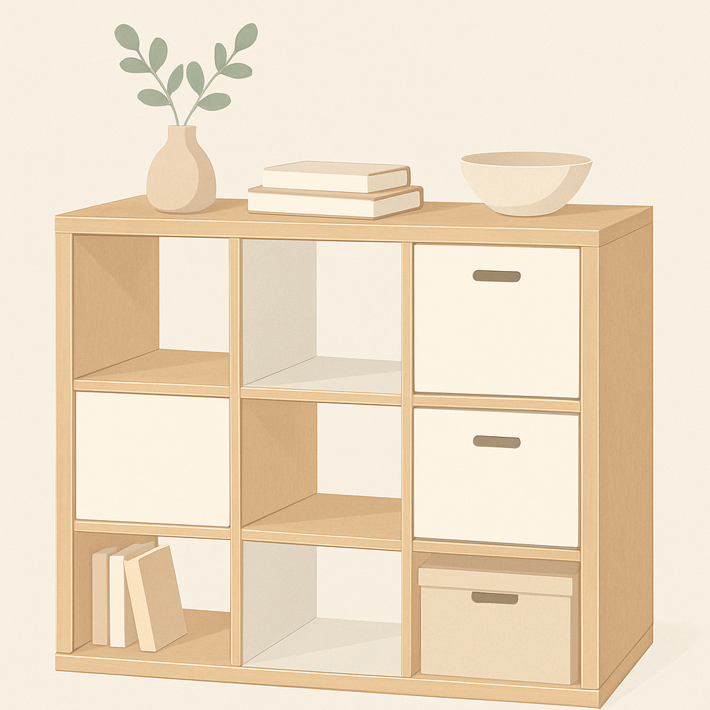 Modern illustration of the IKEA KALLAX cube shelf in light wood and white color palette