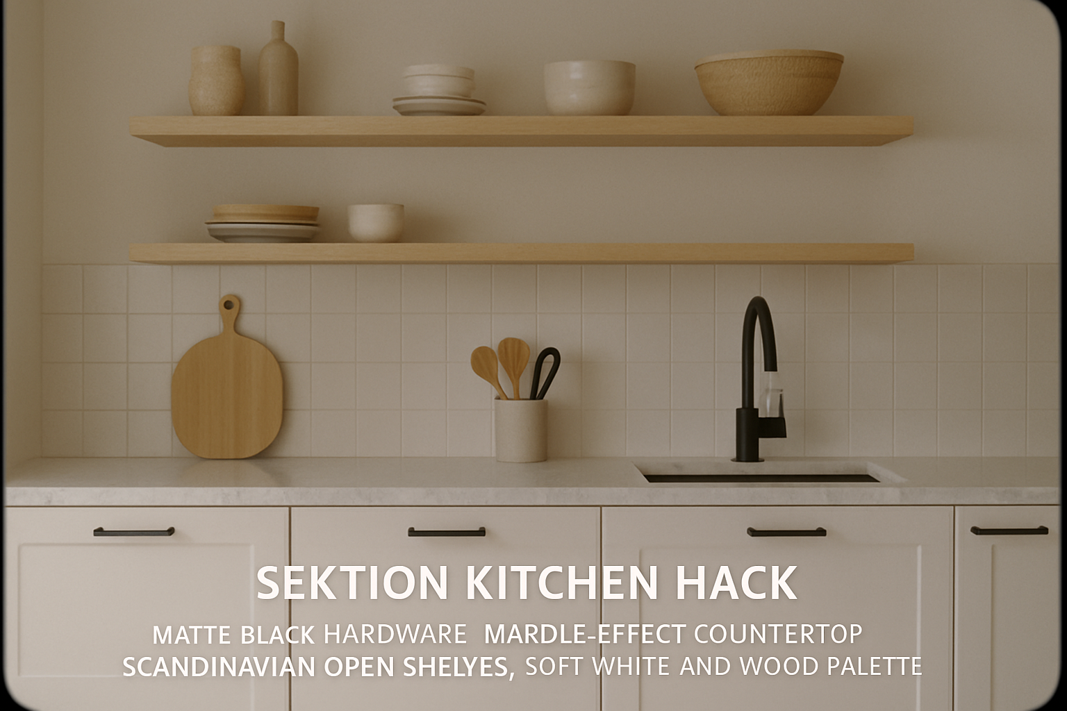SEKTION kitchen hack with matte black hardware, marble-effect countertop, Scandinavian open shelves, soft white and wood palette, video-style frame