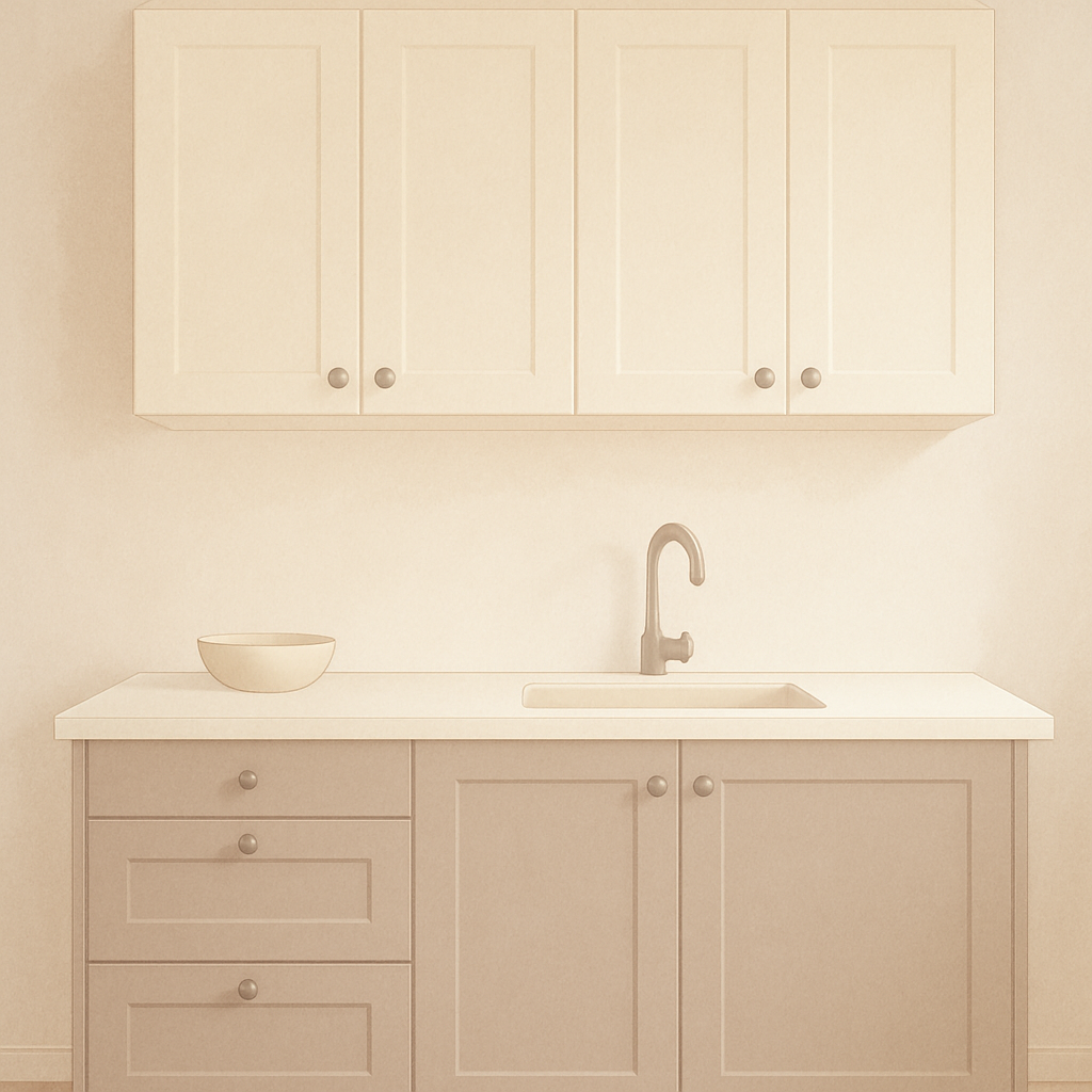 Soft illustration of IKEA SEKTION kitchen cabinets in muted cream and taupe colors