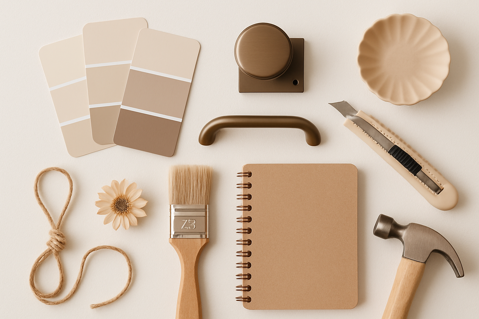 A curated flatlay of paint samples, modern hardware, DIY tools, and home accessories on a white background, styled with soft earth tones and a calm, elevated mood