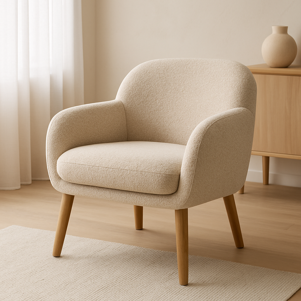 Curated modern accent chair for a Scandinavian living room, styled in soft earth tones