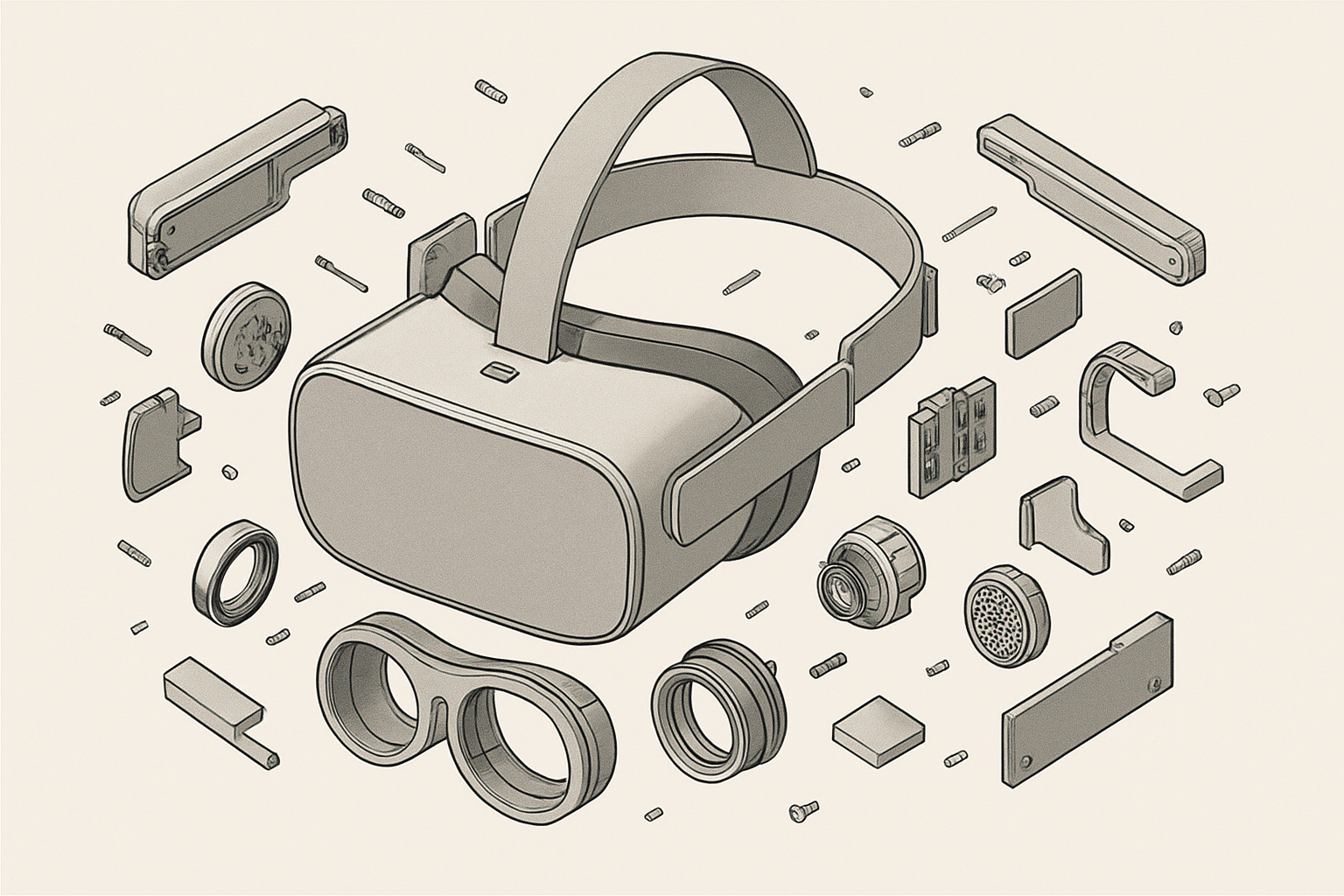 precision technical illustration of a modern VR headset in a fully visible exploded view, crisp vector-like components radiating outward with clean edges on a neutral background