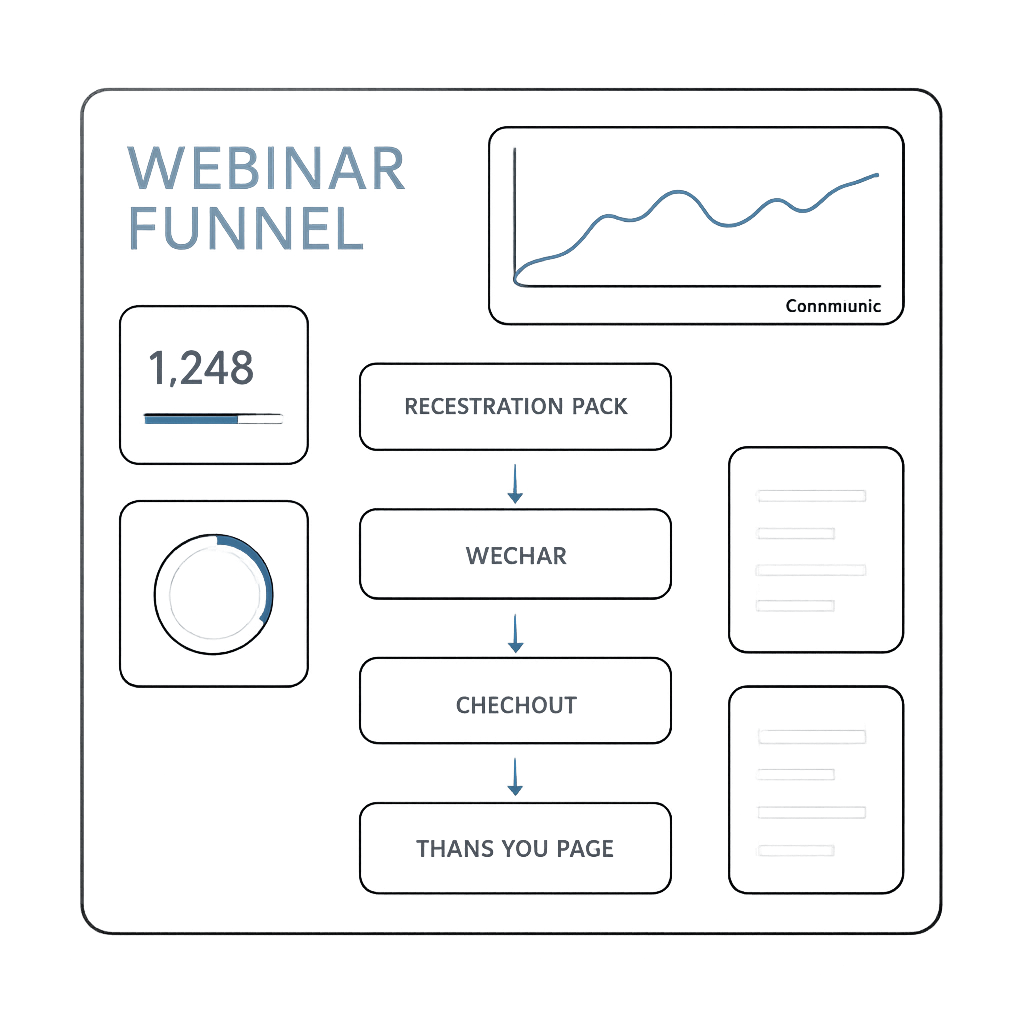 Dark futuristic webinar funnel dashboard mockup with electric blue highlights