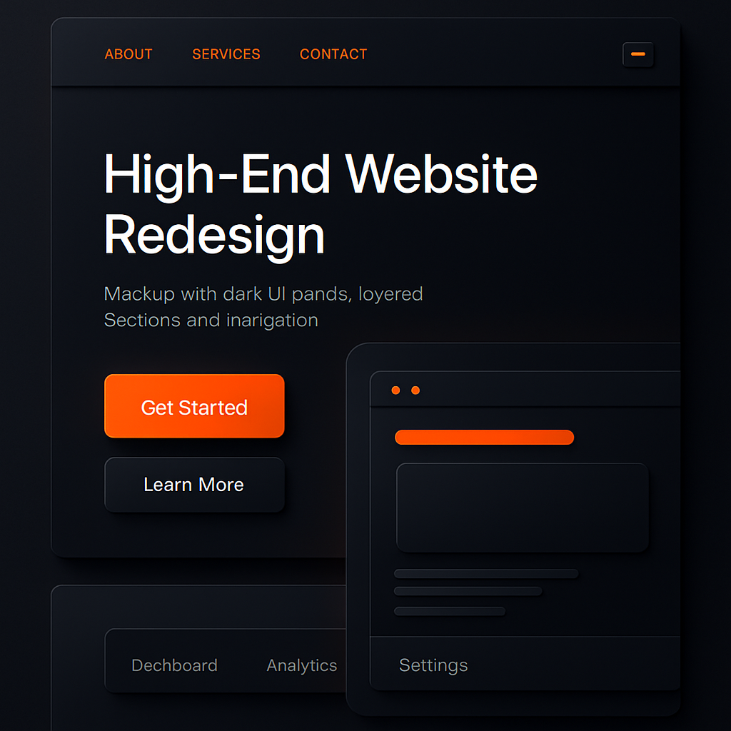 High-end website redesign mockup with dark UI panels and orange accent highlights