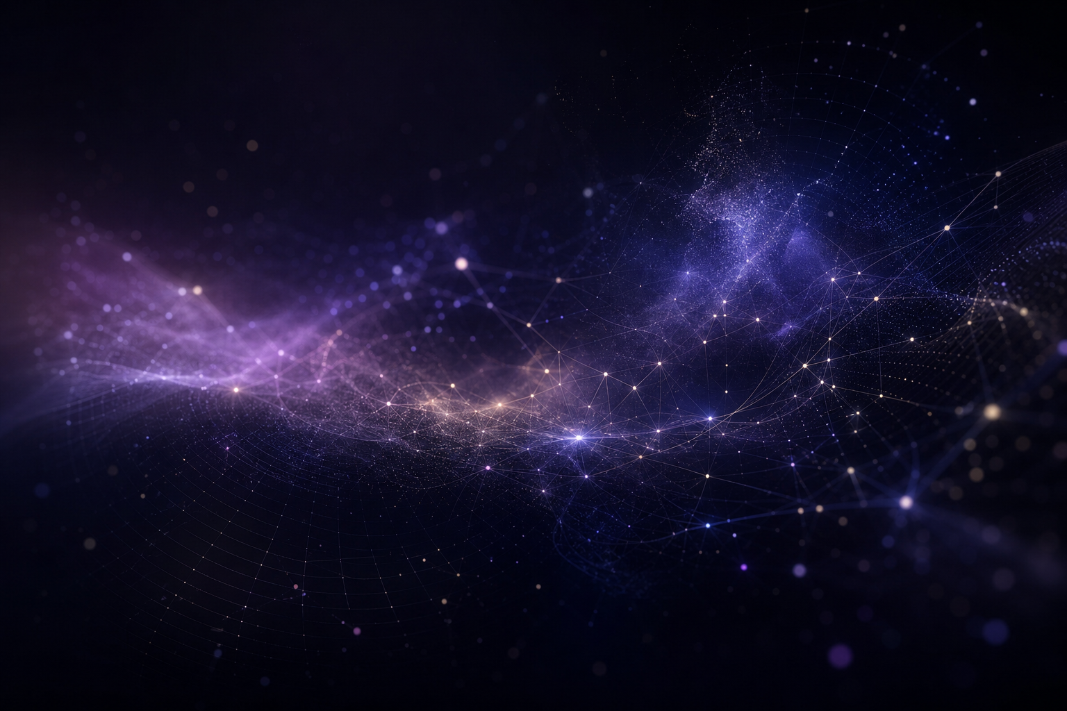 Large abstract intelligence field with diffused indigo-violet light, scattered luminous particles, and soft atmospheric depth