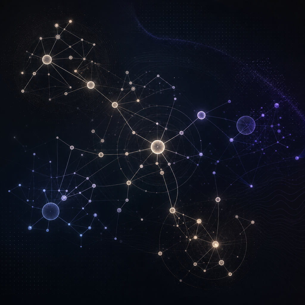 Structured node network with connected points and clean graph paths representing organized knowledge and signal clarity