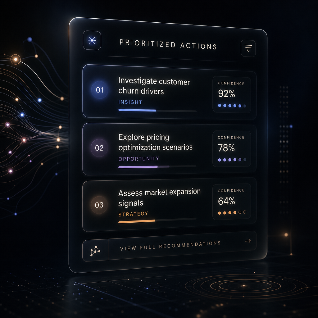 Close-up interface detail card with prioritized action stack and confidence indicators