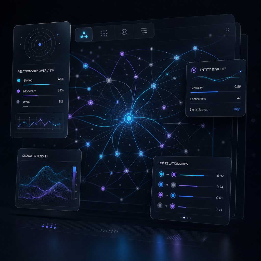 Close-up interface detail card with connected node clusters and relationship density overlay