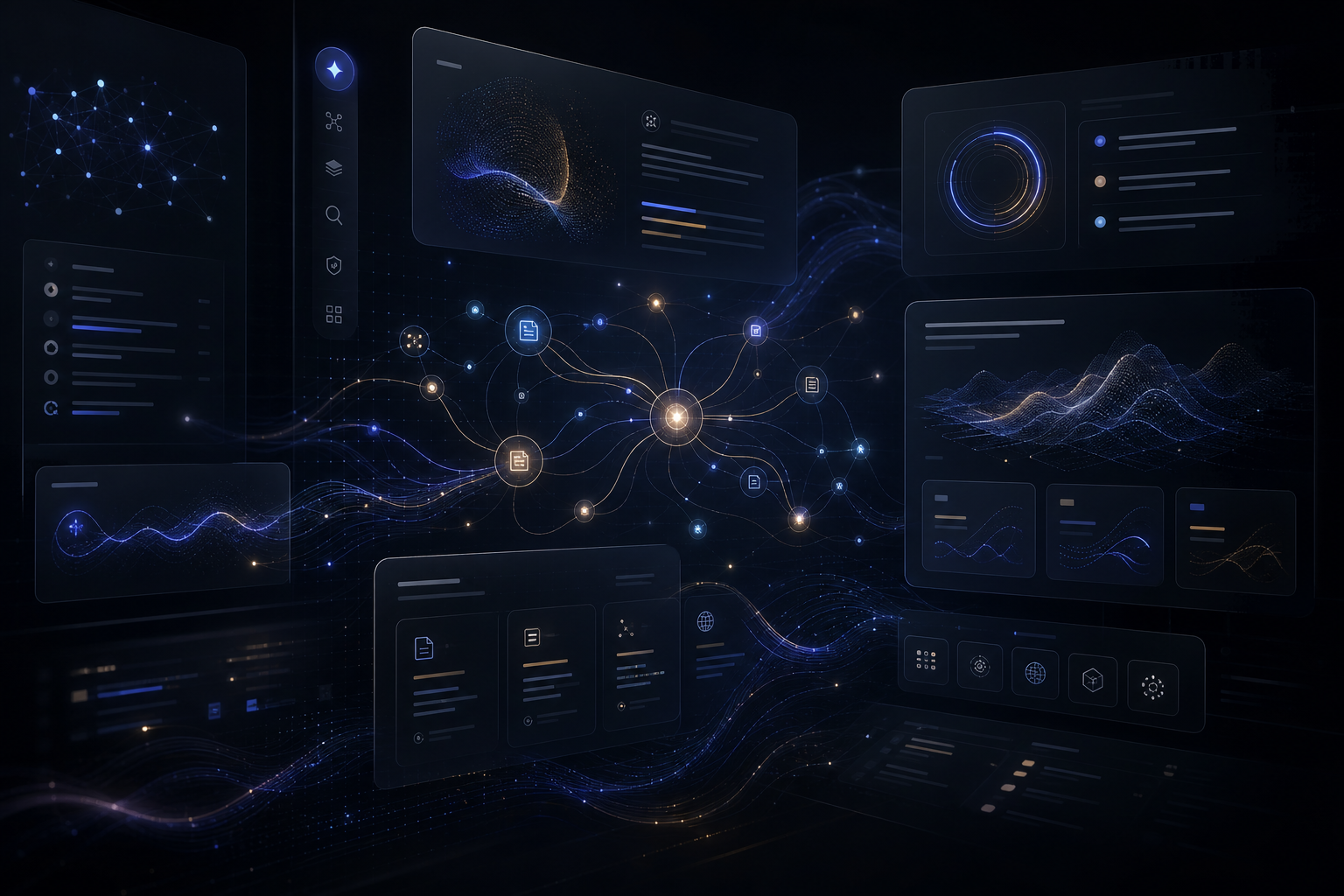 Wide futuristic LogicMind workspace interface showing layered intelligence panels and flowing neural data traces