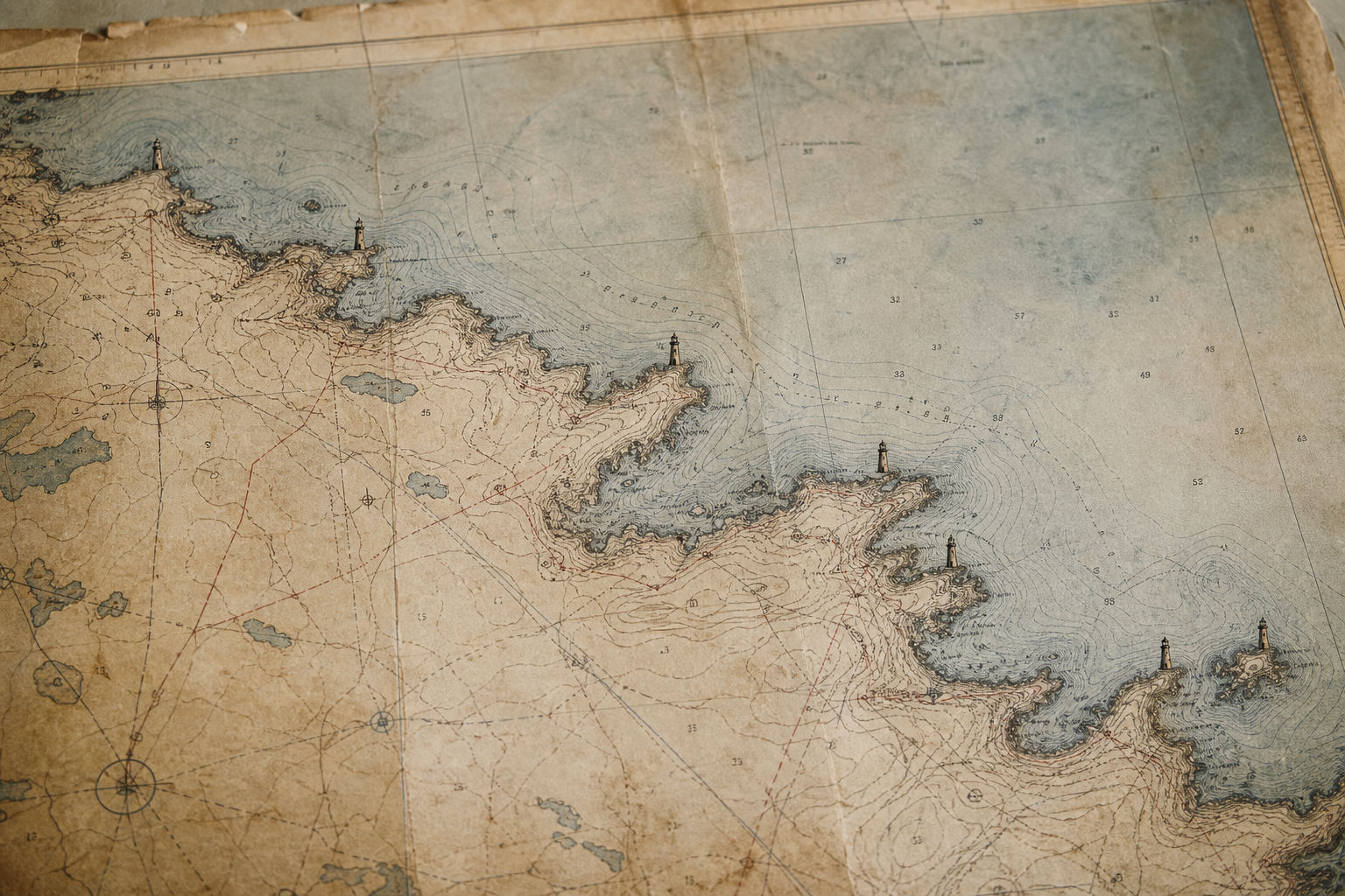 Faded coastal map fragment with lighthouse markings and shoreline texture, documentary archive style