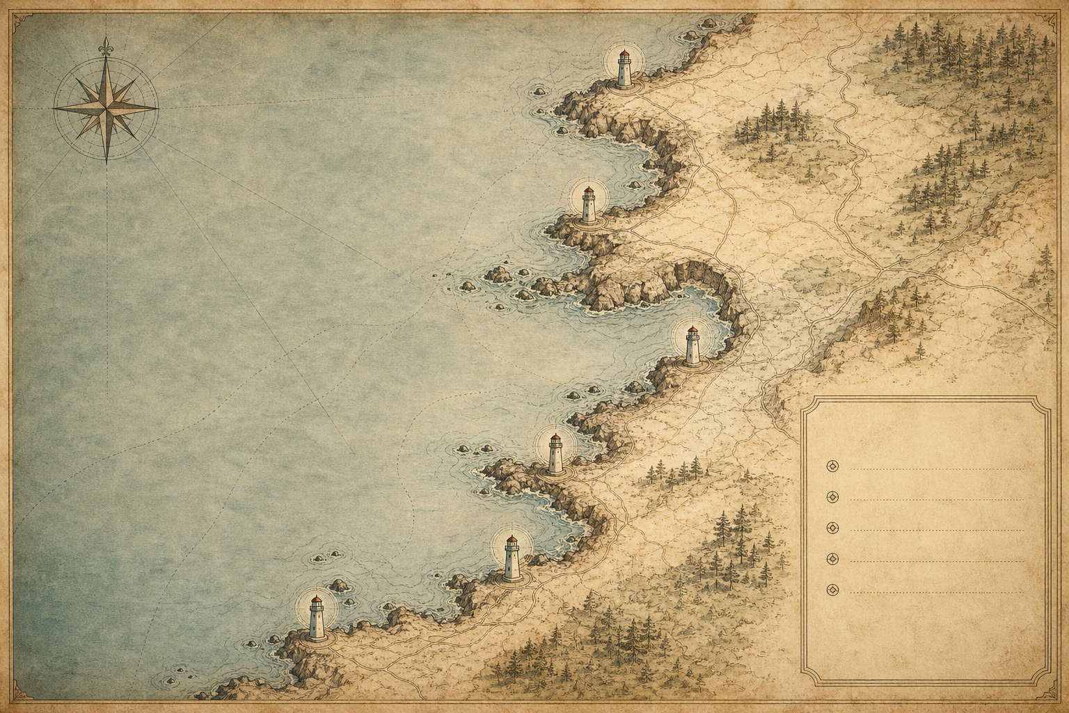 Illustrated coastal map of a northern shoreline with preserved lighthouse markers in archival atlas style and warm paper tones