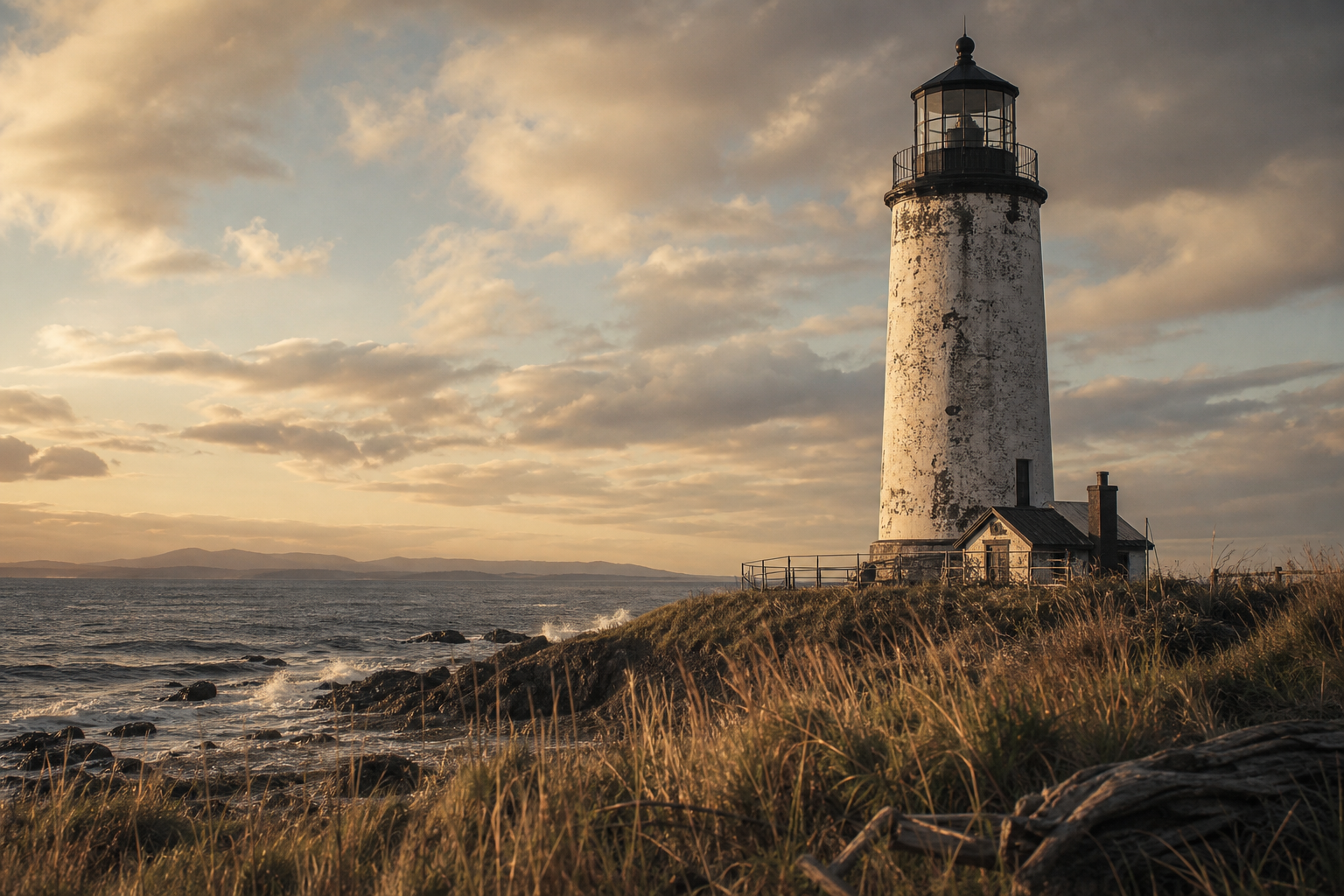 Weathered lighthouse on a northern shoreline at golden hour with windswept grass and documentary archival-film atmosphere