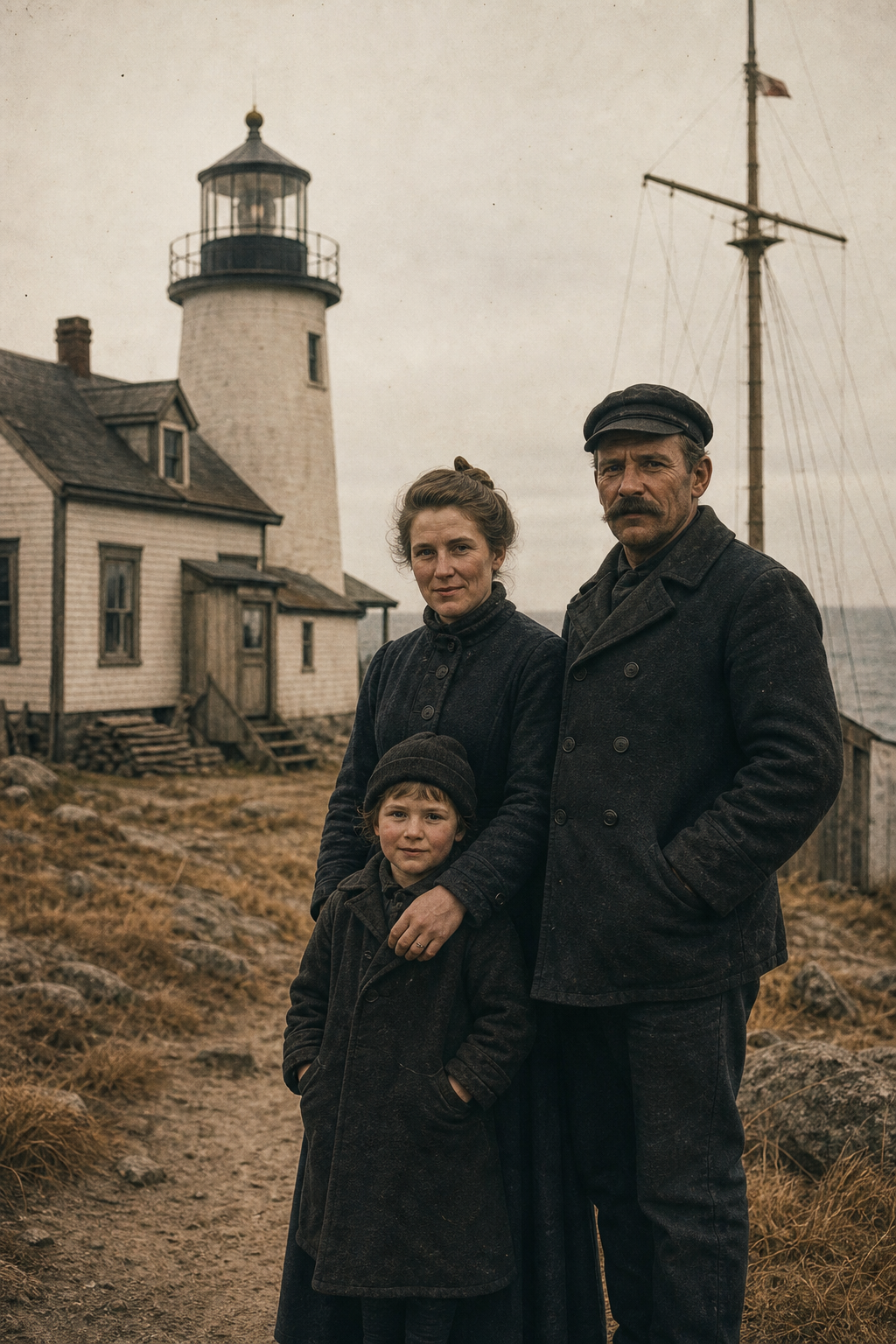 Keeper family portrait beside a coastal station with period clothing and timber service buildings.