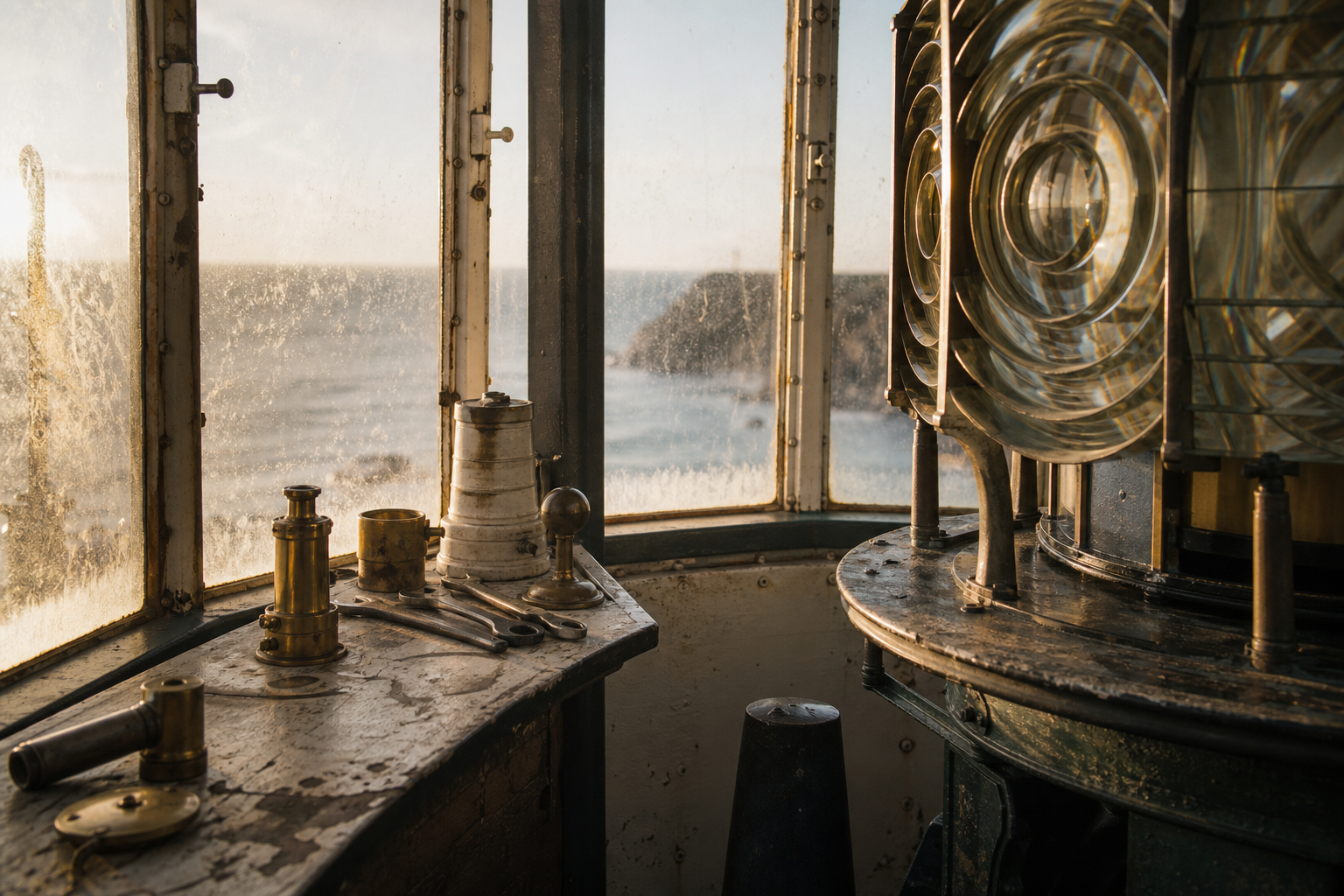 Lantern room interior with keeper tools, weathered glass, and warm archival light